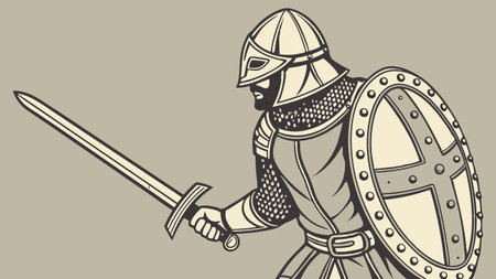 Medieval knight with sword and shield. Hand drawn vector illustration.のイラスト素材