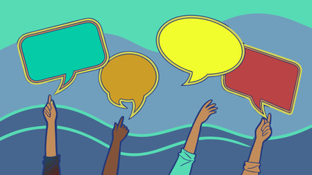 Group of people with speech bubbles on abstract background. Vector illustration.