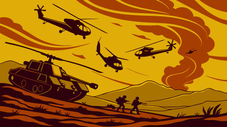 Helicopter landing in the desert. Illustration on the theme of war.のイラスト素材