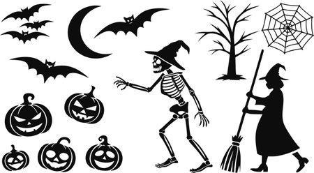 Halloween Silhouettes - Black and White Vector Illustration Setのイラスト素材