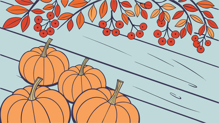 Autumn background with pumpkins and rowan berries. Vector illustration.のイラスト素材