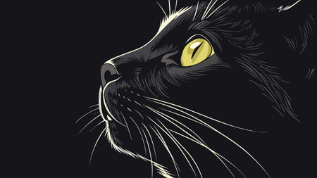 Vector illustration of a black cat head with yellow eyes on a black backgroundのイラスト素材