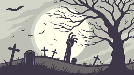 Halloween background with scary graveyard and full moon. Vector illustration.のイラスト素材