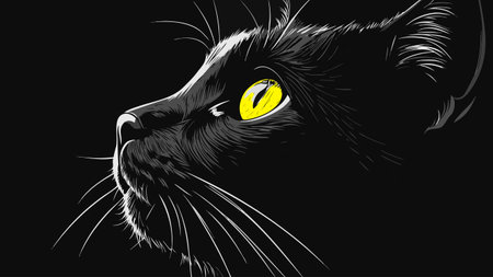 Black cat head with yellow eyes on a black background. Vector illustration.のイラスト素材