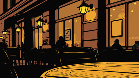 Illustration of a night street cafe with people sitting in it.のイラスト素材