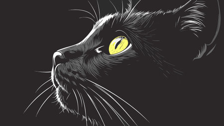 Black cat head with yellow eyes on a black background. Vector illustration.のイラスト素材