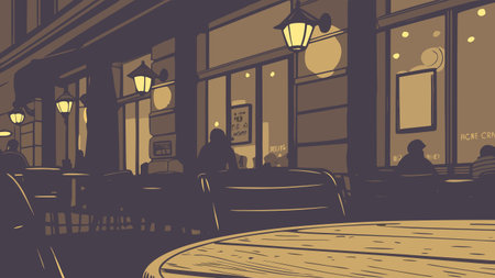 Illustration of a street cafe with tables and chairs in the eveningのイラスト素材