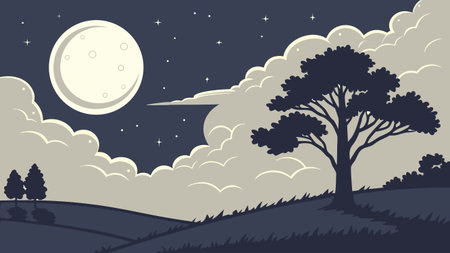 Night landscape with moon and trees. Vector illustration in flat style.のイラスト素材