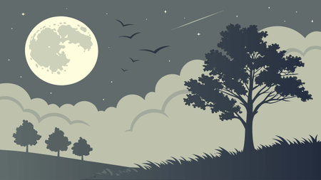 Night landscape with a tree and a full moon. Vector illustration.のイラスト素材