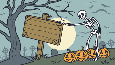 Halloween illustration with skeleton holding blank wooden signboard and pumpkinsのイラスト素材
