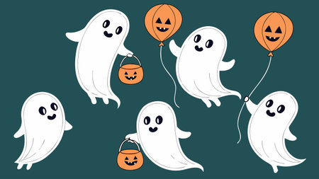 Set of cute ghosts with pumpkin lanterns. Halloween vector illustration.のイラスト素材