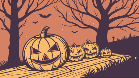 Halloween background with pumpkins, bats and trees. Vector illustration.のイラスト素材