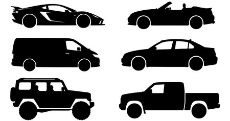 discover a collection of vehicle silhouettes including sports cars convertibles vans sedans suvs and pickups perfect for automotive design transport icons and creative illustrationsの素材