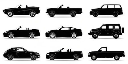 discover diverse car silhouettes featuring convertible coupe suv hatchback and pickup designs perfect for automotive design comparison branding and creative projectsの素材