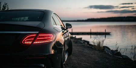 sleek black luxury car parked near a calm lake at sunset with glowing taillights and scenic reflections creating a cinematic and modern automotive showcase blending nature and designの素材