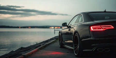 sleek black sports car parked near waterfront at dusk with glowing lights and reflections modern automotive lifestyle photography showcasing elegance speed and designの素材