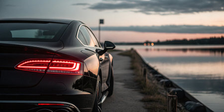 sleek black sports car parked on a narrow road beside calm water at sunset with glowing taillights reflecting in the serene landscape creating a stylish automotive sceneの素材