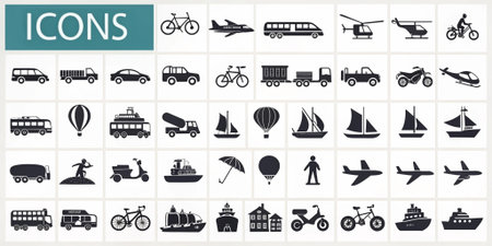 discover a versatile set of transportation and travel icons featuring land air and water vehicles perfect for design projects branding education and digital contentの素材