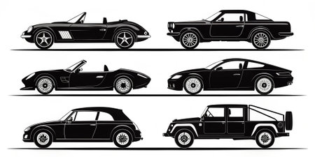 discover a collection of classic and modern car illustrations showcasing automotive design evolution from vintage sports cars to sleek contemporary styles perfect for art design and brandingの素材