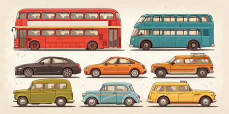 illustrated vehicles collection featuring modern cars vintage buses and classic designs perfect for creative projects automotive art posters and digital showcasesの素材