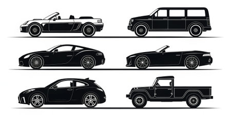 stylized car silhouettes featuring sports luxury suv coupe convertible and pickup designs in modern black and white profile perfect for automotive branding art and creative showcasesの素材