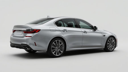 Discover the elegance of a silver BMW luxury sedan with sleek design, rear view styling, alloy wheels, dual exhaust, and premium performance crafted for modern automotive excellence.の素材