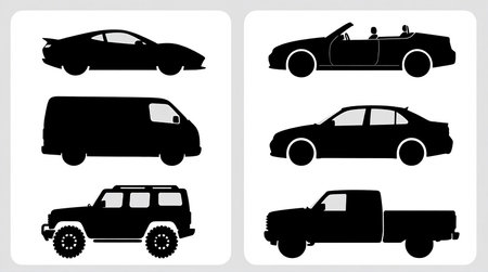 Model Version: pro | Model Category: General | Prompt: Vector illustration, six distinct black car silhouettes on a plain white background, arranged in two columns and three rows. Each silhouette represents a different type of automobile in a flat, minimal, high-contrast style, with solid black shapes and uniform thickness. Top left: a sleek sports car. Top right: a convertible with an open top. Middle left: a minivan with a boxy body. Middle right: a standard four-door sedan. Bottom left: a rugged SUV. Bottom right: a pickup truck with an extended cab. Silhouettes are evenly spaced and consistent in scale, emphasizing clarity and recognizability. No shading, gradients, or textures. Infographic-ready, educational look, professional vector art quality. | Enhanced Prompt: Vector illustration featuring six distinct black car silhouettes arranged in a precise two-column, three-row grid structure on a plain white background. The style is flat, minimal, and high-contrast, utilizing solid black shapes with uniform thickness and absolutely no shading, gradients, or textures.

Silhouettes specified by position:
- Top Left: A sleek sports car silhouette.
- Top Right: A convertible silhouette with an open top.
- Middle Left: A minivan silhouette with a boxy body.
- Middle Right: A standard four-door sedan silhouette.
- Bottom Left: A rugged SUV silhouette.
- Bottom Right: A pickup truck silhouette with an extended cab.

Composition: The silhouettes are evenly spaced and consistent in scale, emphasizing clarity and recognizability, suitable for an infographic.

Visual Style: Flat design, high-contrast, purely black and white color palette.

Technical Quality: Professional vector art quality, clean lines, infographic-ready, crisp edges, Ultra HD.の素材