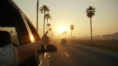 a scenic sunset road trip with palm trees golden sky and tranquil vibes capturing freedom adventure and travel spirit in a serene landscape perfect for exploration and discoveryの素材