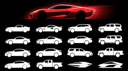 Model Version: pro | Model Category: General | Prompt: Professional poster design for "Vehicle Silhouette Collection Set", solid black background. At the top center, a sleek red stylized car graphic with a subtle glow effect. Below the red car graphic, twenty distinct white car silhouettes are displayed, each outlined with sharp, minimal line art. The silhouettes represent a variety of vehicle types including classic cars, sports cars, sedans, SUVs, pickup trucks, and futuristic designs. All silhouettes are evenly spaced, aligned, and consistent in style, creating a cohesive and modern automotive design showcase. The overall aesthetic is bold, minimalistic, and professional. 4K quality, high contrast, centered composition. | Enhanced Prompt: A professional poster design showcasing an automotive collection against a solid black background.

Visual elements: Solid black background creating high contrast. At the top center, a sleek red stylized car graphic with a subtle, soft red glow effect emanating outwards. Below the red car graphic, twenty distinct white car silhouettes are displayed. Each silhouette is rendered with sharp, minimal white line art. The collection includes a variety of vehicle types: classic cars, sports cars, sedans, SUVs, pickup trucks, and futuristic designs. All twenty silhouettes are evenly spaced, precisely aligned vertically and horizontally, and maintain a consistent minimal line art style, forming a cohesive grid or array. The overall aesthetic is bold, minimalistic, and professional, emphasizing clean design and form. Centered composition dominates the frame.

Color palette: Solid black, sleek red, and pure white.

Style: Modern automotive design showcase, high contrast, minimalistic line art.

Technical quality: 4K quality, professional poster design, sharp focus, clean execution.の素材