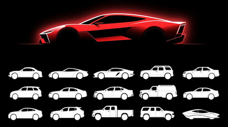 Model Version: pro | Model Category: General | Prompt: Professional poster design for "Vehicle Silhouette Collection Set," solid black background, centered composition. At the top, a stylized sleek red car graphic with a slight glow effect. Below, twenty distinct white car silhouettes rendered in sharp, minimal line art, evenly spaced and aligned. The silhouettes represent a variety of vehicle types including classic cars, sports cars, sedans, SUVs, pickup trucks, and futuristic designs, all consistent in style. The aesthetic is bold, minimalistic, and professional, 4K quality. | Enhanced Prompt: Professional poster design with a solid black background and centered composition.

Text elements:
- Primary: "Vehicle Silhouette Collection Set" - positioned at the top-center, below the main graphic - large size - bold white sans-serif font - effect: sharp, clean typography with no embellishments

Visual elements: A stylized sleek red car graphic positioned at the very top, featuring a subtle, soft red glow effect emanating from its edges. Below the main graphic, twenty distinct white car silhouettes are rendered in sharp, minimal line art. These silhouettes are evenly spaced and aligned in a grid-like pattern across the center of the poster, representing a variety of vehicle types including classic cars, sports cars, sedans, SUVs, pickup trucks, and futuristic designs, all maintaining a consistent minimal line art style. The overall aesthetic is bold, minimalistic, and highly professional. The composition is strictly symmetrical and centered.

Color palette: Solid black, sharp white, and sleek red.

Style: Bold minimalistic professional design, high-contrast graphic art.

Technical quality: Ultra HD, 4K resolution, sharp focus, clean lines.の素材