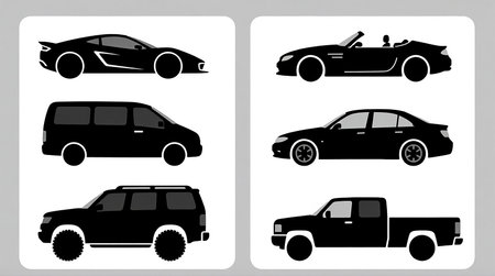 Model Version: pro | Model Category: General | Prompt: Vector illustration, six distinct black car silhouettes on plain white background, arranged in two columns and three rows. Flat, minimal, high?contrast style, solid black shapes, uniform thickness, evenly spaced, consistent scale. Top left: sleek sports car, aerodynamic low?profile design. Top right: convertible, open top, sporty proportions. Middle left: minivan, boxy spacious body shape. Middle right: four?door sedan, balanced proportions. Bottom left: SUV, higher ground clearance, larger body. Bottom right: pickup truck, extended cab, open cargo bed. Educational infographic style, bold clarity, professional vector art quality. | Enhanced Prompt: Vector illustration featuring six distinct black car silhouettes arranged in two columns and three rows on a plain white background. The style is flat, minimal, and high-contrast, utilizing solid black shapes with uniform thickness, evenly spaced, and consistent scale across all elements.

Visual elements precisely specified:
- Top left silhouette: sleek sports car, aerodynamic low-profile design.
- Top right silhouette: convertible, open top, sporty proportions.
- Middle left silhouette: minivan, boxy spacious body shape.
- Middle right silhouette: four-door sedan, balanced proportions.
- Bottom left silhouette: SUV, higher ground clearance, larger body.
- Bottom right silhouette: pickup truck, extended cab, open cargo bed.

Composition: Strict two-column, three-row grid layout, ensuring even spacing and consistent scale for an educational infographic style.

Style and Quality: Bold clarity, professional vector art quality, solid black shapes against pure white background, high contrast, clean lines.の素材