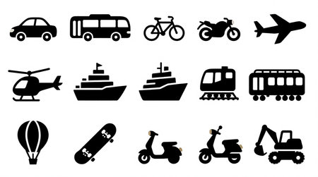 Model Version: pro | Model Category: General | Prompt: Collection of black silhouette icons, arranged in a clean, evenly spaced grid layout on a plain white background. Each icon represents a different mode of transportation, designed in a simplified, flat, and highly recognizable style. The set includes diverse vehicles such as cars, buses, bicycles, motorcycles, airplanes, helicopters, boats, ships, trains, hot air balloons, skateboards, scooters, and construction vehicles. All icons are uniform in weight and proportion, with consistent line thickness and minimal detail for clarity. Modern, vector-based aesthetic, suitable for educational materials, UI/UX design, or infographic use, professional quality. | Enhanced Prompt: A collection of black silhouette icons, arranged in a clean, evenly spaced grid layout on a plain white background. Each icon represents a different mode of transportation, designed in a simplified, flat, and highly recognizable style. The set includes diverse vehicles: cars, buses, bicycles, motorcycles, airplanes, helicopters, boats, ships, trains, hot air balloons, skateboards, scooters, and construction vehicles. All icons are uniform in weight and proportion, with consistent line thickness and minimal detail for clarity. Modern, vector-based aesthetic, suitable for educational materials, UI/UX design, or infographic use. The composition is perfectly symmetrical with precise alignment and consistent negative space between all elements. High contrast, sharp edges, minimalist design, professional quality, vector illustration, Ultra HD, 4K.の素材