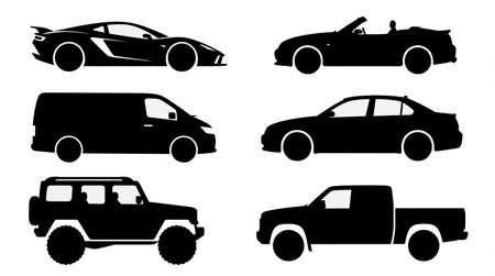 Model Version: pro | Model Category: General | Prompt: Vector illustration, six distinct black car silhouettes on a plain white background, arranged in two columns and three rows. Each silhouette represents a different automobile type in a flat, minimal, high-contrast style: top left: sleek sports car, aerodynamic low-profile design; top right: convertible with open top, sporty proportions; middle left: minivan, boxy spacious body shape; middle right: standard four-door sedan, balanced proportions; bottom left: rugged SUV, higher ground clearance, larger body; bottom right: pickup truck, extended cab, open cargo bed. Silhouettes have uniform line thickness, are evenly spaced, and consistent in scale. Solid black shapes only, no shading, gradients, or textures, clean infographic style. | Enhanced Prompt: Vector illustration featuring six distinct black car silhouettes arranged in two columns and three rows on a plain white background. The style is flat, minimal, and high-contrast, utilizing solid black shapes only, with uniform line thickness, no shading, gradients, or textures, achieving a clean infographic style.

Composition details:
- Top Left: Sleek sports car silhouette, aerodynamic low-profile design.
- Top Right: Convertible silhouette with an open top, sporty proportions.
- Middle Left: Minivan silhouette, boxy spacious body shape.
- Middle Right: Standard four-door sedan silhouette, balanced proportions.
- Bottom Left: Rugged SUV silhouette, higher ground clearance, larger body.
- Bottom Right: Pickup truck silhouette, extended cab, open cargo bed.

All silhouettes are evenly spaced and consistent in scale relative to each other. The color palette is strictly black and white. Lighting is uniform and absolute, emphasizing the hard edges of the silhouettes. Technical quality: Crisp vector lines, high precision, clean graphic design, 4K resolution.の素材