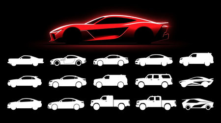 Model Version: pro | Model Category: General | Prompt: Professional poster design for "Vehicle Silhouette Collection Set," solid black background, centered composition. At the top center, a sleek red stylized car graphic with a subtle glow effect. Below the red car graphic, twenty distinct white car silhouettes are arranged evenly, each outlined with sharp, minimal line art. The silhouettes showcase a variety of vehicle types including classic cars, sports cars, sedans, SUVs, pickup trucks, and futuristic designs. All silhouettes are consistent in style and spacing, creating a cohesive and modern automotive showcase. The overall aesthetic is bold, minimalistic, and professional, 4K quality. | Enhanced Prompt: Professional poster design with a solid black background and centered composition, focusing on automotive silhouettes.

Text elements:
No text elements were explicitly provided by the user.

Visual elements: A sleek red stylized car graphic is positioned at the top center, featuring a subtle glow effect. Below this graphic, twenty distinct white car silhouettes are arranged evenly across the center of the poster. Each silhouette is outlined with sharp, minimal line art. The collection showcases a variety of vehicle types including classic cars, sports cars, sedans, SUVs, pickup trucks, and futuristic designs. All silhouettes maintain a consistent style and spacing, emphasizing a cohesive and modern automotive showcase. The overall aesthetic is bold, minimalistic, and professional. The composition is strictly centered, creating strong visual balance. Lighting is dramatic, using high contrast between the white silhouettes and the deep black background, with focused illumination on the central red graphic.

Color palette: Solid black, bright white, and sleek red.

Style: Modern, minimalistic, professional automotive showcase, high contrast graphic design.

Technical quality: 4K quality, sharp focus, high fidelity line art rendering.の素材
