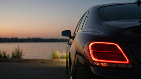 Model Version: pro | Model Category: Realism | Prompt: Photorealistic sleek black luxury car, rear view, parked near a calm body of water at dusk. The car?s taillight glows vivid red, contrasting against the glossy black paint and reflecting subtle ambient light. The side mirror is visible, catching soft highlights. The background is softly blurred with a serene horizon, muted tones of twilight sky, and still water, creating a moody, cinematic atmosphere. The composition emphasizes elegance, tranquility, and sophistication, with dramatic lighting and shallow depth of field, perfect for automotive lifestyle photography or premium advertising, 8K resolution, sharp focus. | Enhanced Prompt: Photorealistic sleek black luxury car, viewed from the rear, perfectly parked beside a calm body of water just as dusk settles. The car's taillight emits a vivid, sharp red glow, creating a striking contrast against the deep, glossy black paintwork which subtly reflects the ambient twilight. The polished side mirror is visible, catching soft, elongated highlights from the fading sky. The background environment is softly blurred with a serene horizon line, muted tones of the twilight sky bleeding into the still water, establishing a moody, cinematic atmosphere. The composition emphasizes elegance, tranquility, and sophistication, utilizing dramatic edge lighting and a shallow depth of field. 8K resolution, sharp focus, automotive lifestyle photography aesthetic.の素材