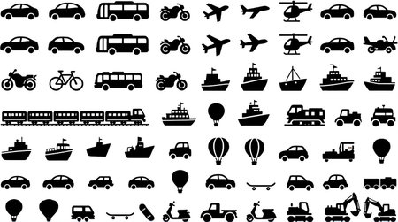 Model Version: pro | Model Category: General | Prompt: A clean, evenly spaced grid layout of a large collection of black silhouette icons. Each icon represents a different mode of transportation, designed in a simplified, flat, and highly recognizable style. The set includes diverse vehicles such as cars, buses, bicycles, motorcycles, airplanes, helicopters, boats, ships, trains, hot air balloons, skateboards, scooters, and construction vehicles. All icons are uniform in weight and proportion, with consistent line thickness and minimal detail for clarity. The background is plain white to emphasize the icons. The overall aesthetic is modern, vector-based, and suitable for educational materials, UI/UX design, or infographic use, professional graphic design quality. | Enhanced Prompt: A clean, evenly spaced grid layout featuring a large collection of black silhouette icons representing diverse modes of transportation.

Visual elements: Each icon is simplified, flat, and highly recognizable, designed in a uniform weight and proportion with consistent line thickness and minimal detail for maximum clarity. The set explicitly includes: cars, buses, bicycles, motorcycles, airplanes, helicopters, boats, ships, trains, hot air balloons, skateboards, scooters, and construction vehicles. The background is plain white to ensure maximum contrast and emphasis on the black icons. The composition is a precise, evenly spaced grid structure, ensuring perfect alignment across the frame.

Style: Modern, vector-based, flat design aesthetic, suitable for UI/UX design or infographic use.

Color palette: Black and plain white.

Lighting: Flat, even studio lighting with no shadows to maintain the silhouette effect.

Technical quality: Professional graphic design quality, sharp edges, scalable vector graphics appearance, Ultra HD, 4K resolution.の素材