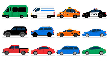 Model Version: pro | Model Category: General | Prompt: Flat vector illustration, clean and professional infographic style, white backdrop, no background clutter, modern design with crisp outlines and minimal shading. Twelve different vehicles in side profile view, arranged in two neat rows of six, with consistent proportions and bold colors, no text.

Top row, left to right: A green and black minibus or shuttle bus; a white delivery van with blue stripes; an orange taxi with a roof sign and checkered pattern; a black police car with a red and blue light bar and "POLICE" written on the side; an orange sports car; a blue sedan.

Bottom row, left to right: A red pickup truck; a black SUV; a blue SUV; a red sedan; a blue station wagon; a green sedan.

Mood: educational, reference-style. | Enhanced Prompt: Flat vector illustration, clean and professional infographic style, set against a pure white backdrop with absolutely no background clutter. The design features crisp outlines and minimal shading, emphasizing clarity and form. Twelve different vehicles are depicted in precise side profile view, arranged in two neat, symmetrical rows of six, maintaining consistent proportions and utilizing bold, distinct colors. The mood is strictly educational and reference-style.

Visual elements precisely specified:
- Top Row (Left to Right):
    1. Green and black minibus or shuttle bus.
    2. White delivery van featuring blue stripes.
    3. Orange taxi with a visible roof sign and a checkered pattern detail.
    4. Black police car featuring a red and blue light bar and the text "POLICE" clearly visible on the side.
    5. Orange sports car.
    6. Blue sedan.
- Bottom Row (Left to Right):
    1. Red pickup truck.
    2. Black SUV.
    3. Blue SUV.
    4. Red sedan.
    5. Blue station wagon.
    6. Green sedan.

Color palette: Bold primary and secondary colors (green, black, white, blue, orange, red) against the white backdrop.

Composition: Highly organized, symmetrical two-rowの素材
