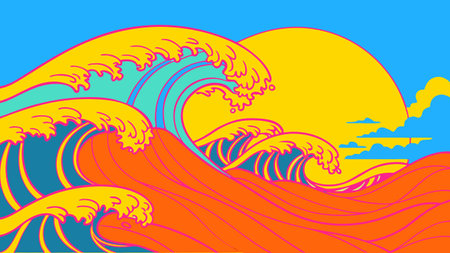 psychedelic ocean waves art with retro pop style colorful sun and vibrant abstract design perfect for creative projects branding and modern aesthetic visualsのイラスト素材