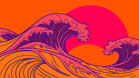 vibrant ocean waves with a radiant sunset in bold colors modern pop art style inspired by japanese aesthetics dynamic seascape illustration perfect for creative design and visual harmonyのイラスト素材