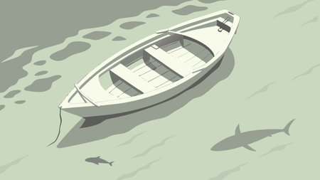 A small rowboat floats on calm water with gentle ripples while a shark silhouette lurks beneath creating a dramatic contrast of peace and hidden danger in nature.のイラスト素材