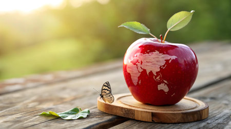 a creative apple globe with asia map butterfly and leaves on rustic wood symbolizing nature sustainability eco harmony and global unity in a fresh artistic conceptの素材