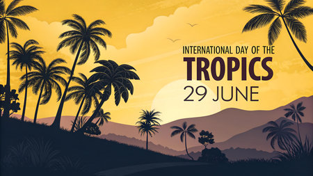 Celebrate international day of the tropics on june 29 with a stunning tropical landscape featuring palm trees vibrant sky and serene nature highlighting global awareness and natural beautyの素材