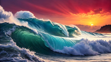 dramatic ocean waves crash under a golden sunset sky with vibrant colors and natural beauty creating a powerful seascape photography scene full of motion and tranquilityの素材