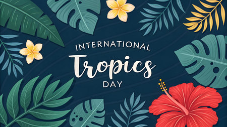 Celebrate international tropics day with vibrant flora palm leaves hibiscus and plumeria highlighting biodiversity culture and natural paradise across tropical regionsの素材