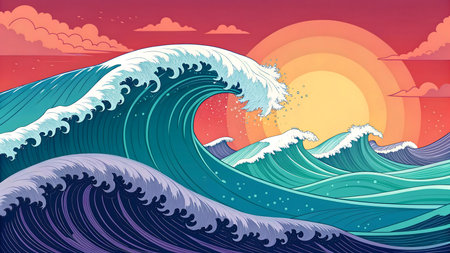 vibrant ocean waves with glowing sunset sky artistic seascape illustration full of color motion and natural beauty perfect for design art and creative inspirationの素材