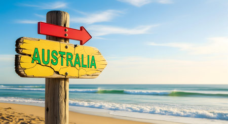 discover australia with a scenic beach sign pointing to adventure ocean waves clear sky and coastal paradise perfect for travel tourism and vacation inspirationの素材