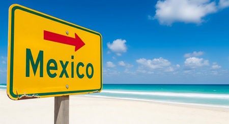 mexico travel beach sign with ocean waves and blue sky perfect destination for vacation tourism adventure and coastal getaway discover paradise and explore latin america shorelineの素材