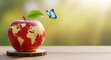 a red apple carved with a world map and a green leaf with a blue butterfly symbolizing global unity nature harmony and environmental awareness in a creative eco conceptの素材
