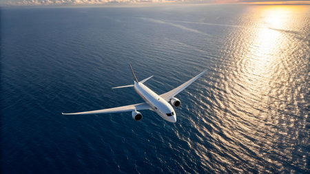 a commercial airplane soars above the ocean at sunset with golden light reflecting on the water capturing the beauty of aviation travel and the serene horizon viewの素材