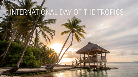 celebrate international day of the tropics with stunning sunset views palm trees ocean paradise and lush nature highlighting the beauty diversity and importance of tropical regions worldwideの素材